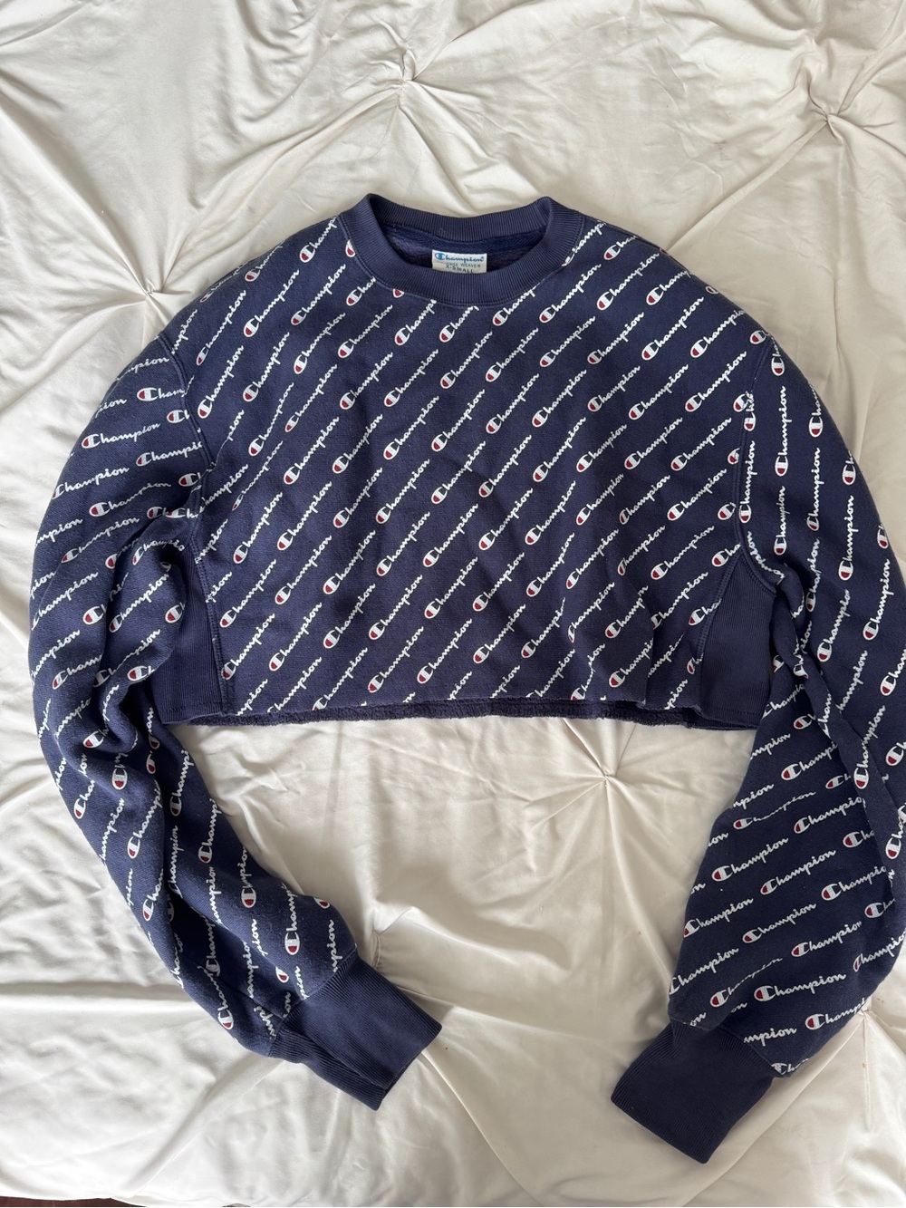 Champion Navy Cropped All-Over Logo Sweatshirt